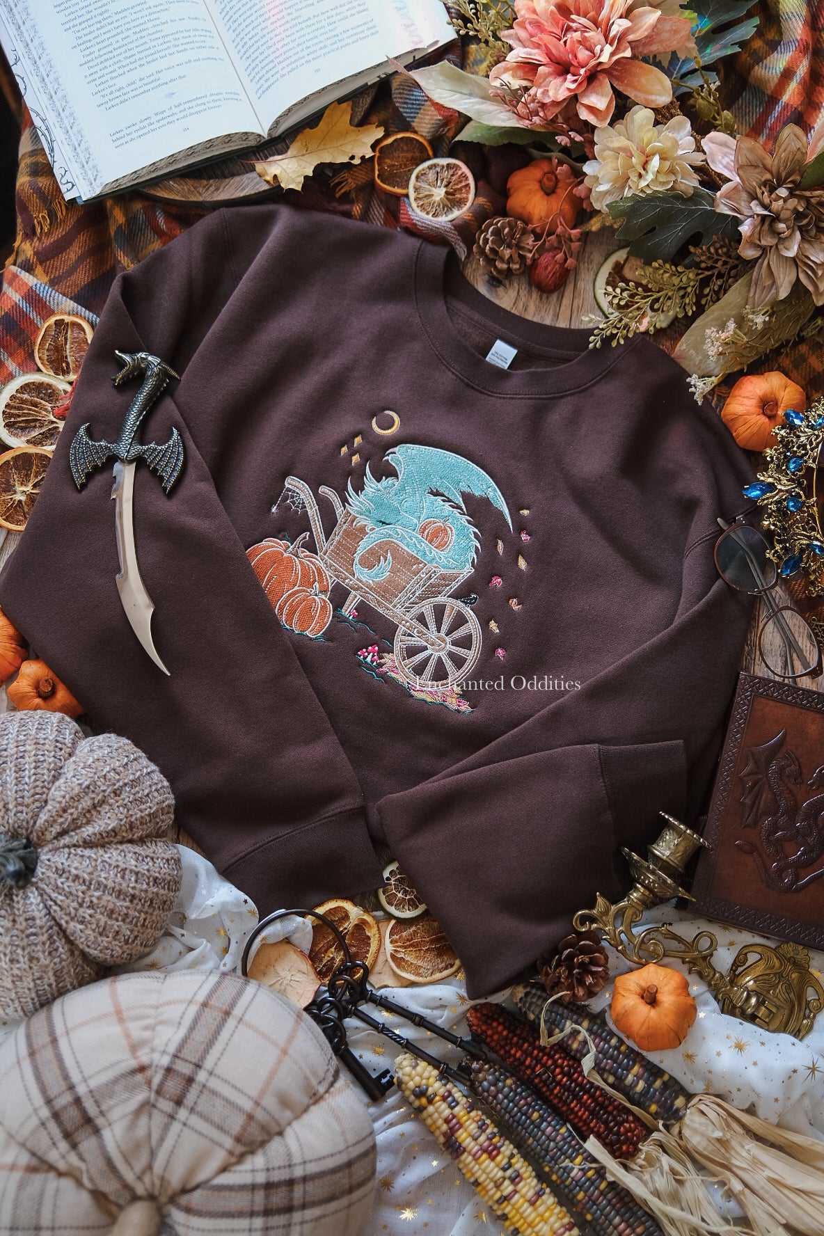 BROWN Sleepy Harvest Dragon Embroidered Crewneck