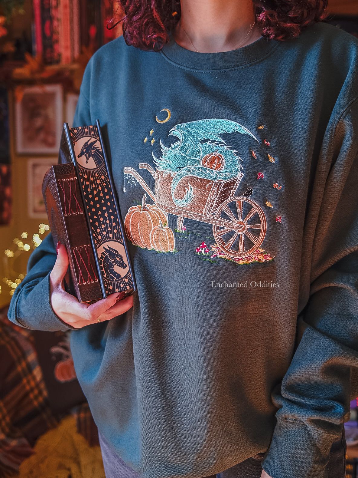 GREEN Sleepy Harvest Dragon Embroidered Crewneck