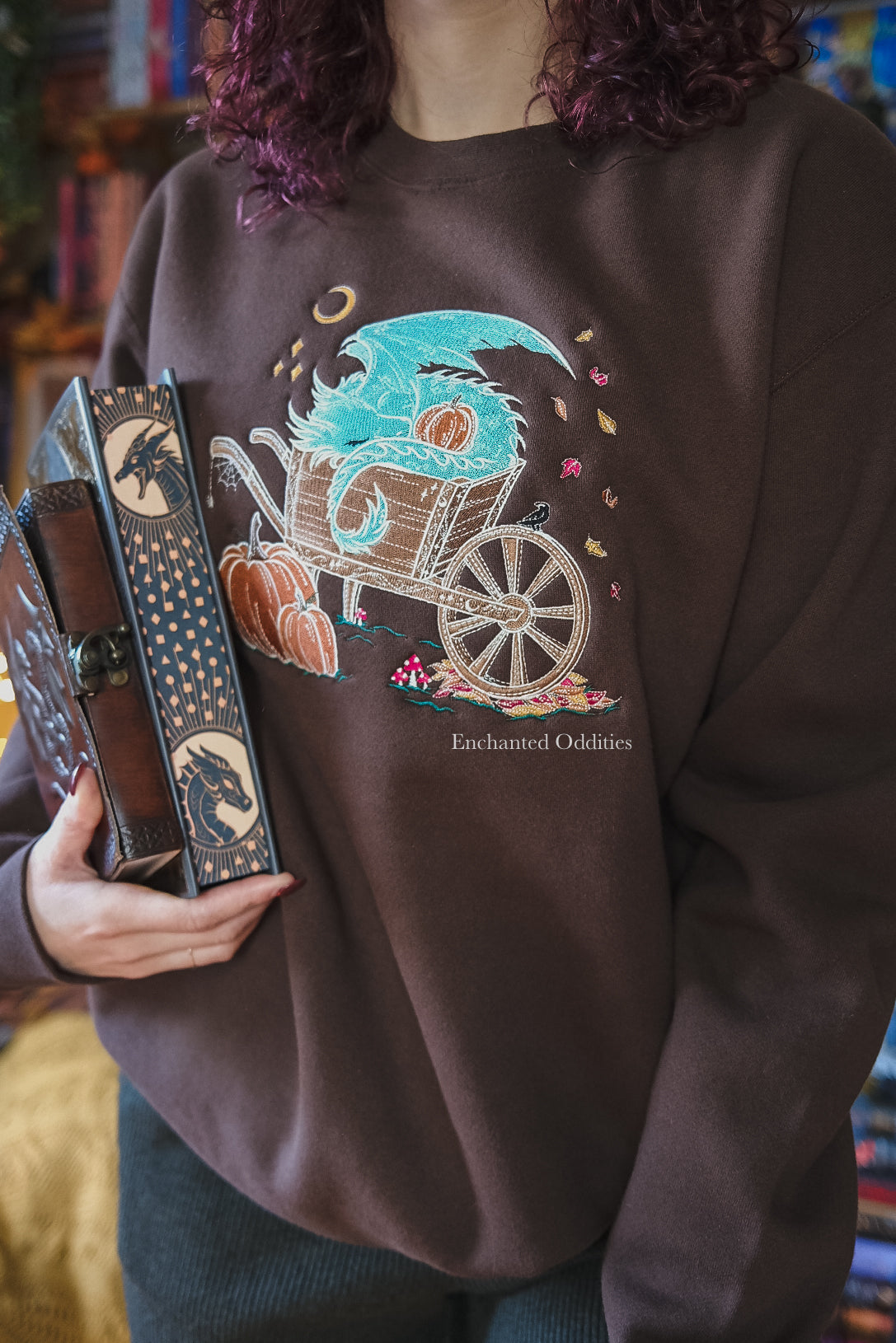 BROWN Sleepy Harvest Dragon Embroidered Crewneck